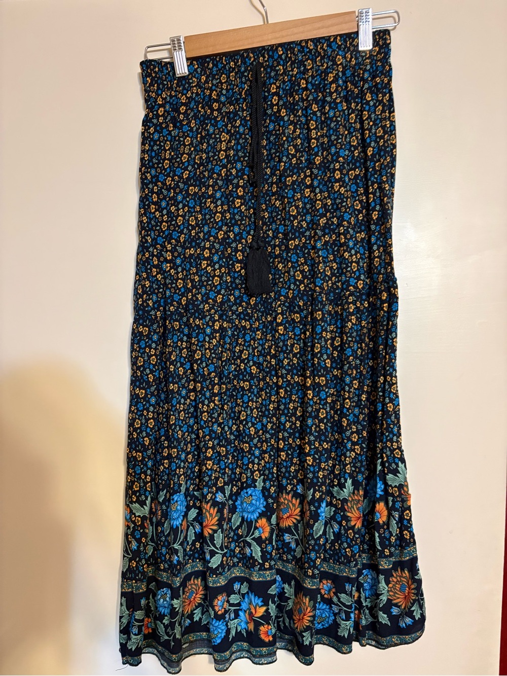 Floral Midi Skirt – Black with Blue & Orange Floral Print